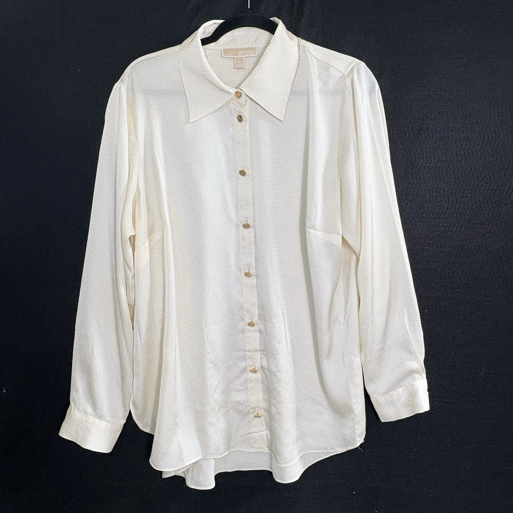 MICHAEL KORS Women Gold Button Front Long Sleeve Collar Blouse Sz 1X Ivory 43-9